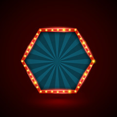 Abstract retro light hexagon banner with light bulbs on the contour. Vector illustration. Can use for promotion advertising.