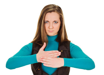 young perplexed woman making stop