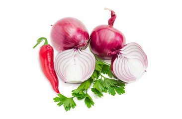 Three red onion, branch of parsley and chili