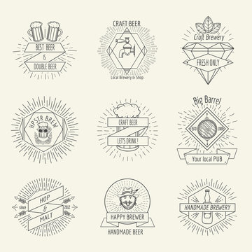 Hipster style handmade beer and craft brewery logo or emblems