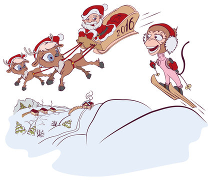 Santa Claus and reindeer met monkey symbol 2016. Monkey skiing