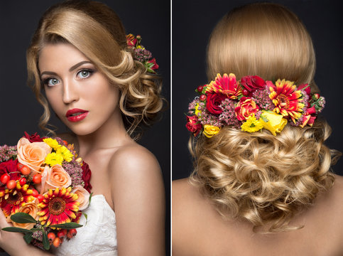 Beautiful blond woman in image of the bride with flowers. Beauty