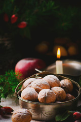 walnuts on a Christmas rustic  background