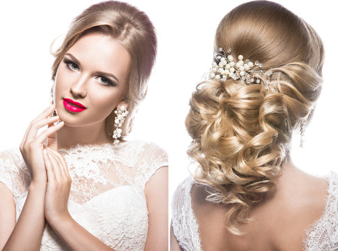 Beautiful blond woman in image of the bride with wedding