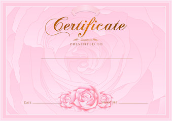 Certificate, Diploma of completion (Rose design template, flower background) with floral, pattern, border, frame. Certificate of Achievement, coupon, award, winner certificate, pink female gift card