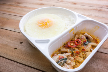 Freeze of basil Fried Chicken and fried egg convenience food