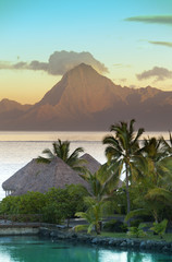 Sunset over the sea and mountains,  Tahiti... - obrazy, fototapety, plakaty
