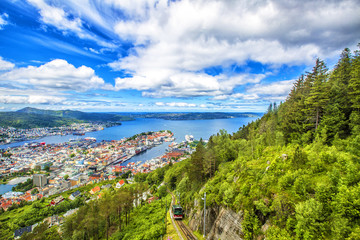View on Bergen and harbor from the mountain Floyen top. Norway
