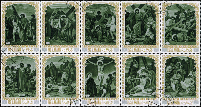 Ras al Khaimah - CIRCA 1972: mail stamp printed in Ras al Khaimah the court, carrying the cross, crucifixion, descent from the cross and burial of Jesus Christ. Christian themes