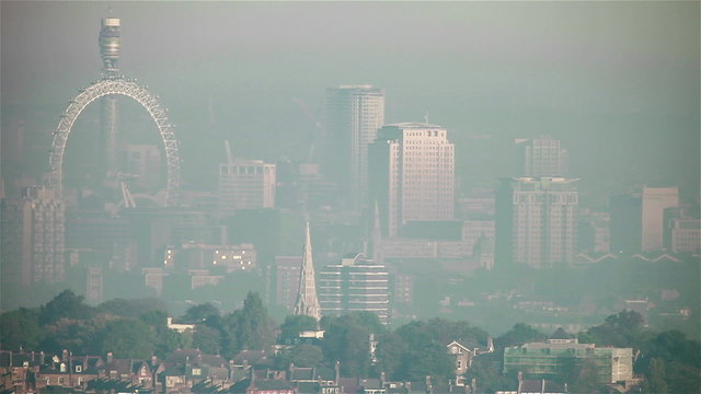 The London skyline from south of the city with the London Eye and BT Tower in view.