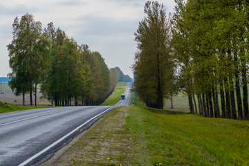 Suburban shosse, road with new road markings on cloudy autumn da