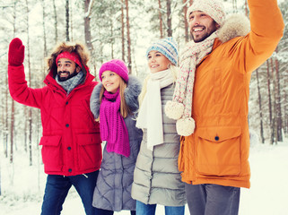 group of friends waving hands in winter forest