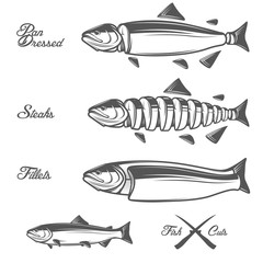 Salmon cuts diagram - whole fish, pan dressed, fillets and steaks