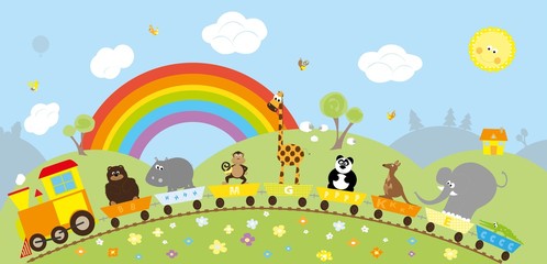 Obraz na płótnie Canvas long cute wild animals train and the sky with rainbow , clouds and smiling sun