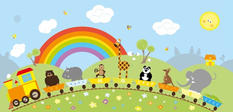 long cute wild animals train and the sky with rainbow , clouds and smiling sun