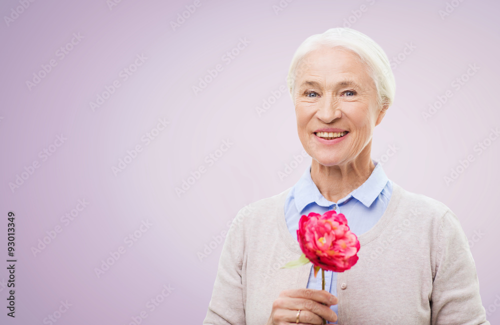 Sticker happy smiling senior woman with flower