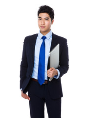 Businessman hold with laptop computer