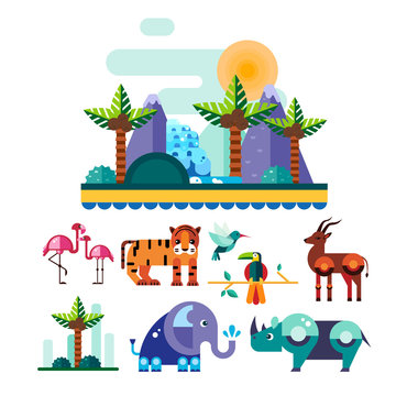Jungle and Tropic Animals, Birds Vector Illustration Set