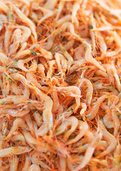 Pile of raw shrimps in fish market.