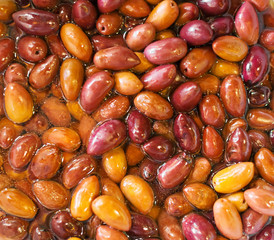 Freshly marinated olives at the market.