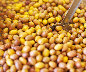 Freshly marinated olives at the market.
