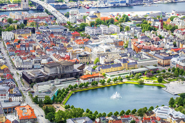 View to the buildings of Bergen from Floyen hill in Bergen, Norway.