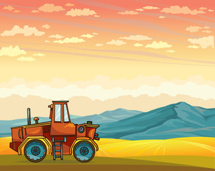 Obraz premium Cartoon tractor and rural summer landscape.