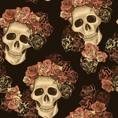 Behang Doodshoofd met bloemen Naadloos schedelpatroon