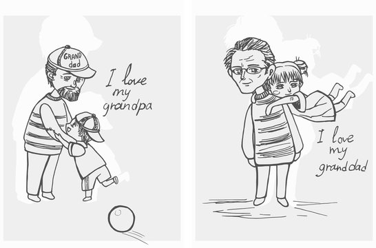 Grandfather Playing With Grandchildren/Two images where the grandfather playing with his grandchildren, linear style