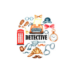 Watercolor retro detective accessories