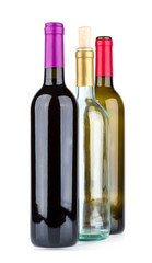 Three wine bottles isolated on white background