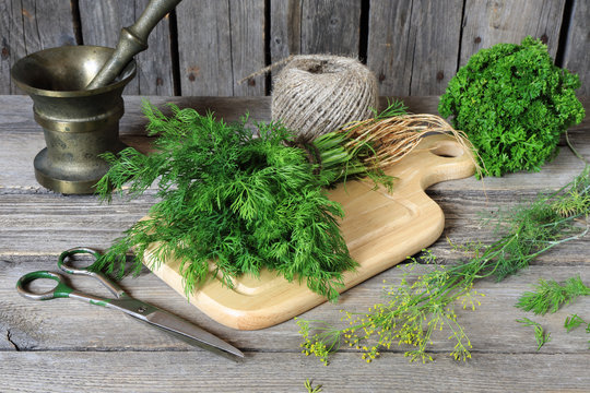 Bunch Of Dill On A Cutting Board