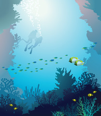 Coral reef and divers. Underwater. © Natali Snailcat