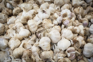 Venta de ajos a granel. Montón de ajos blancos.