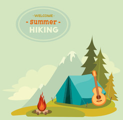 Summer hiking - tent, guitar and campfire. 