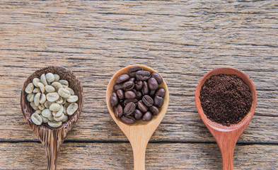 Fresh coffee beans,roasted coffee,ground coffee,wooden spoon.