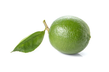 Green lemon,leaves on white background.
