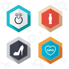 Wedding dress icon. Women's shoe symbol.