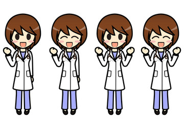 シンプルキャラクター　会話・表情イラスト集　医師Ａ 女性　ガッツポーズ２