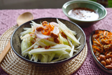 Mango salad with spicy shrimp paste sauce, Thai cuisine