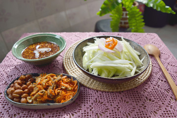 Mango salad with spicy shrimp paste sauce, Thai cuisine