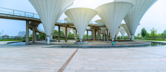 a modern square with mushroom shaped lamp