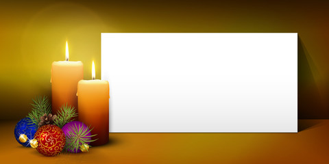 Erster Advent - Vorlage für Weihnachtskarte, Grußkarte, Einladungskarte - Leuchtende Kerze mit leerem weißen Blatt Papier.
hellbrauner Hintergrund - weiße Fläche, Text, Werbung, Wunschliste - Flyer.