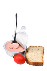 pate with bread and tomato steel spoon
