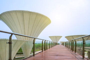 platform bridge and mushroom shaped lamps