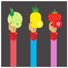 vector fruit Cantaloupe, pineapple, strawberry icon hand and arm