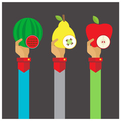 vector fruit Melons, apples, pears icon hand and arm long
