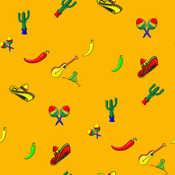 Pattern for cinco de mayo with a sombrero, maracas, jalapeno