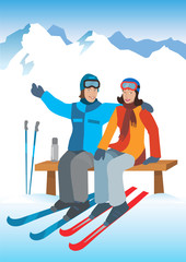 Young couple on ski vacation.
Young happy couple jumping,  sitting on the bench in snowy mountains. Winter sport vacation. Vector  available.
