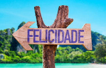 Happiness (in Portuguese) arrow with beach background